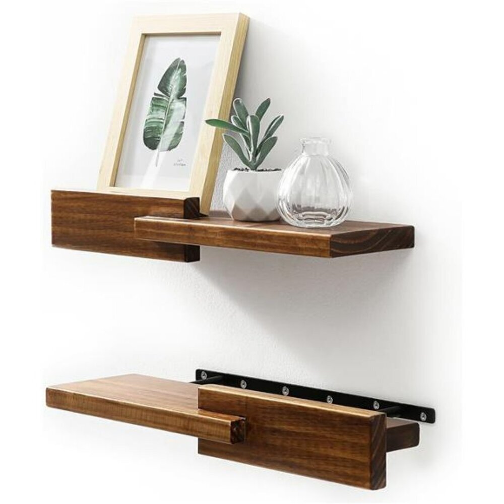 Set of 2 wood floating wall shelves walnut modern reversible shelf home decor